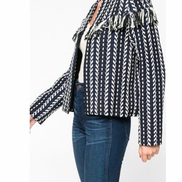 Everly Tweed Fringe Jacket Woven in Blue, Black and White, Size Medium - Picture 3 of 15